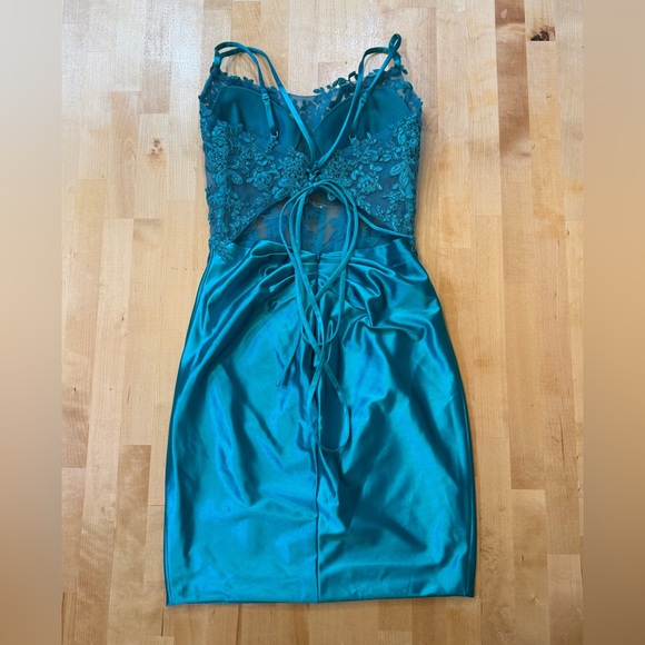 Stacees Corset Top Teal Embellished Open Back Mini Dress - Picture 4 of 6
